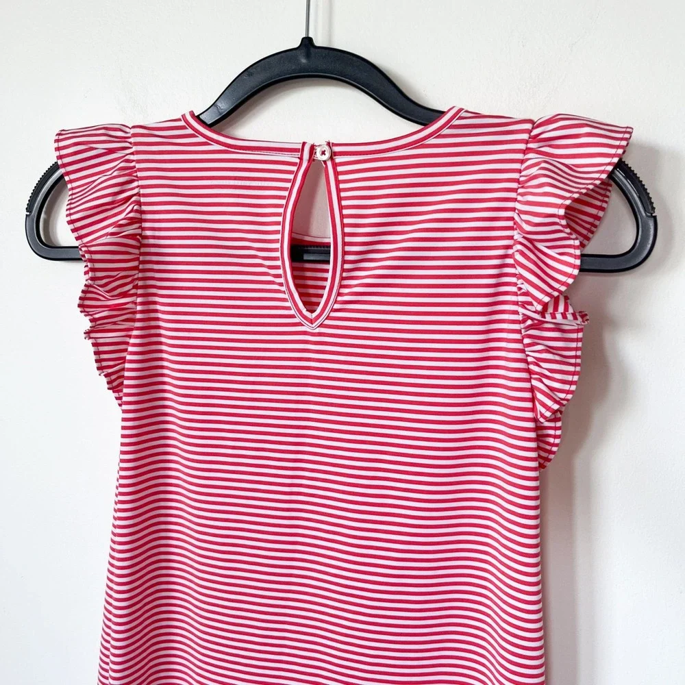 Vineyard Vines Madison Stripe Ruffle Sleeve Dress Malibu Pink Girls Large 14